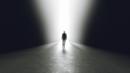Man getting out from the darkness opening door or passage. 3d rendering