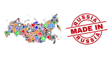 Technical Russia map mosaic and MADE IN scratched rubber stamp. Russia map mosaic formed from spanners, cogs, instruments, components, transports, power bolts, details.