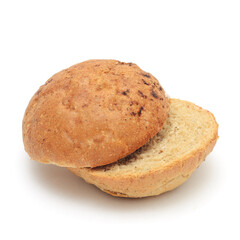 Offset the two halves of burger bun with flax isolated on white background.