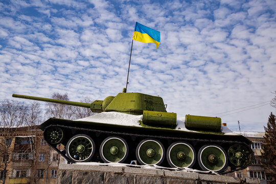Soviet tank T-34 during the Second World War. This monument to the soldiers-liberators of Khmelnitsky is located on Victory Avenue. Winter day.