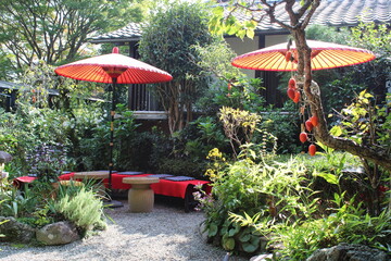 Red japanese parasols