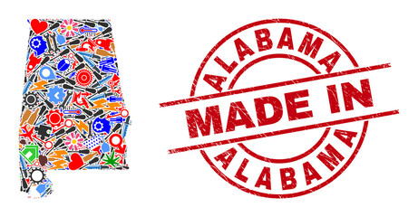 Engineering mosaic Alabama State map and MADE IN grunge seal. Alabama State map composition composed with spanners, cogs, tools, items, transports, electricity bolts, details.