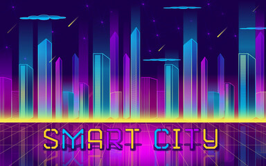 Neon Futuristic landscape. Vibrant concept of web background or banner template.Smart city- Editable vector text. 