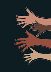 Raised hands, open palms. The concept of charity, volunteering, love, kindness, equality, racial and social issues. Vector illustration