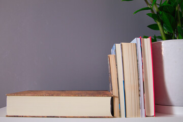 group of several reading books, one of them lying down and the other books standing on the biggest...