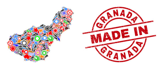Science Granada Province map mosaic and MADE IN scratched seal. Granada Province map mosaic designed from spanners, wheels, tools, aircrafts, cars, power strikes, rockets.