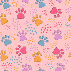 Seamless pattern with colorful pets paws. Cat or dog footprint outline cute background with dots on pink. Animal backdrop for pet shop, vet, textile, children design, paper.