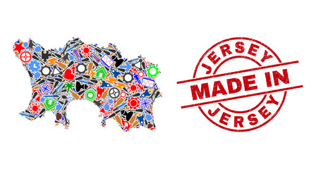 Service Jersey Island map mosaic and MADE IN distress seal. Jersey Island map collage composed with wrenches, gearwheels, instruments,, keys, transports, electricity bolts, helmets.
