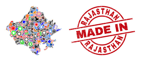 Development mosaic Rajasthan State map and MADE IN distress rubber stamp. Rajasthan State map abstraction created with spanners, gearwheels, tools,, keys, airplanes, power sparks, rockets.