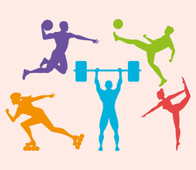 bundle of five athletes practicing sports colorful silhouettes vector illustration design
