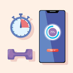 smartphone with chronometer and dumbell fitness lifestyle set icons vector illustration design