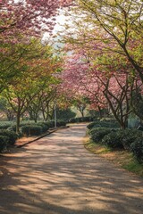 Forest path in the rural tea garden and cherry trees blooming in spring