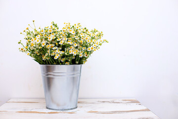 Bouquet of white chamomile in a vase or steel bucket