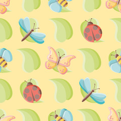 Leaves and bugs seamless vector pattern. Cute illustration background for children.