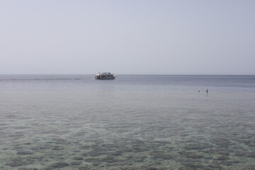 sail boat on the sea. Scenic seascape with swimming yacht near the coral reef in the Red Sea. Landscape of Egyptian coral coast and transparent clean water. 