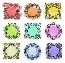 Set of ink ornaments on a watercolor background. Hand drawing.