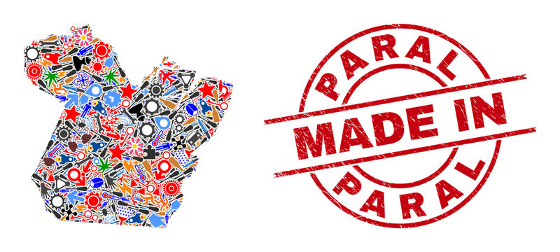 Component mosaic Paral State map and MADE IN distress rubber stamp. Paral State map composition created with spanners, cogs, instruments,, keys, airplanes, electric strikes, details.