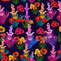 Seamless Colorful Floral Pattern on a Blue Background. Hand drawn blooming garden flowers. 