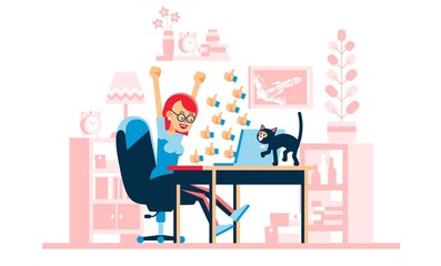 Woman at the laptop with lots of likes in social networks. Happy girl with laptop in the room. Vector cartoon illustration.