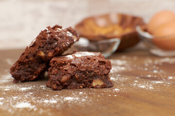 Brownie on background with ingredients