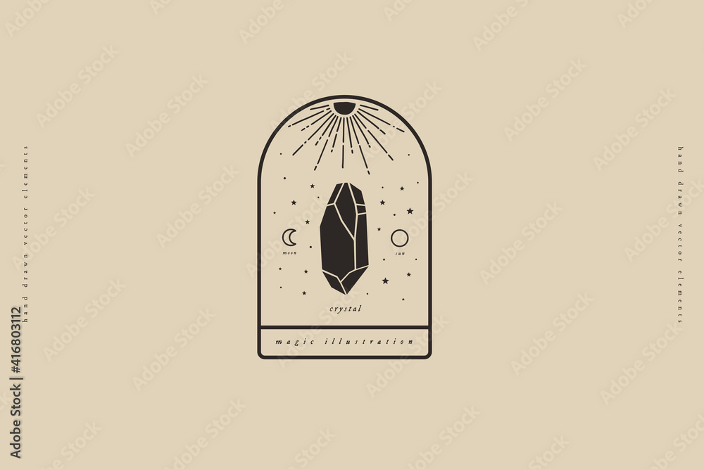 Aufkleber emblem template with magic dark crystal on a light background. the magical quartz stone sparkles and