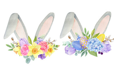 watercolor Easter set with rabbit ears and flowers