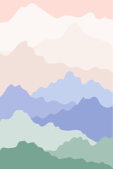 Abstract landscape modern background with mountains, clouds, sunrise and sky. Mid century modern minimalist art print. Scandinavian poster design in pastel colors.