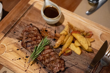 Medium rare meat on plate with sauce and fries