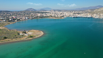 Naklejka na ściany i meble Aerial drone photo of small island of Agios Georgios next to Ferry port of Paloukia, Salamina island, Attica, Greece