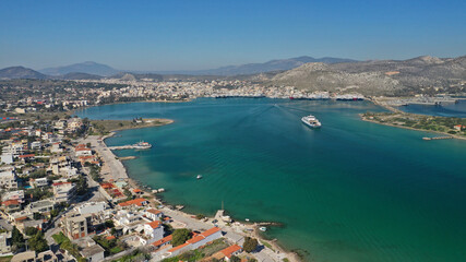 Fototapeta premium Aerial drone photo of small island of Agios Georgios next to Ferry port of Paloukia, Salamina island, Attica, Greece