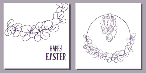 Hand drawn wreath of leaves and easter eggs, happy easter lettering.