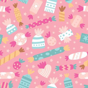 Vector seamless pattern with candies. Sweet candy and cookie holiday background for birthday party. Girls backdrop © Pictulandra