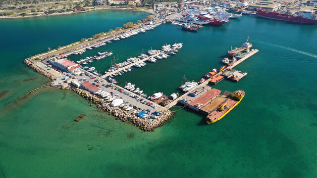 Aerial Drone Photo Of Small Port Next To Shipyard And Ship Repair Area Of Perama Next To Island Of Salamina, Attica, Greece