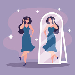 beautiful sexy girl looking in the mirror with blue dress vector illustration design