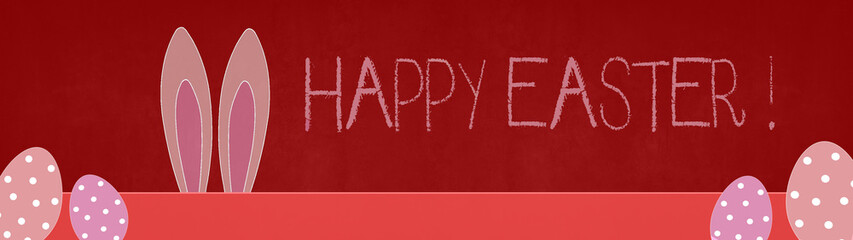 HAPPY EASTER background banner panorama greeting card - Easter bunny rabbit ears and easter eggs on red texture