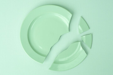 shards of a broken plate on a light background, mint toning. The concept of breaking up relations,...