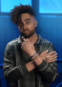 A 3d digital render of an attractive young man with tattoo, wearing a leather jacket.