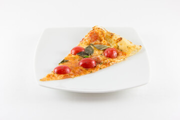 Slice of Marguerita pizza, with cheese, tomatoes and basil on a white plate - Fatia de Pizza sabor Marguerita