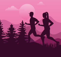 couple athletes running sport silhouettes in the camp vector illustration design