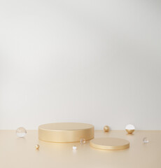Gold podium color 3D illustration mockup with geometric shapes circle, pedestal on one floors Curved wall the platform for product presentation minimal style, copy space, rendering