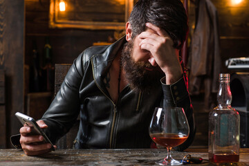 Sad lonely man feeling melancholy. Actual social problem. Social media today. Drug addict or medical abuse concept.