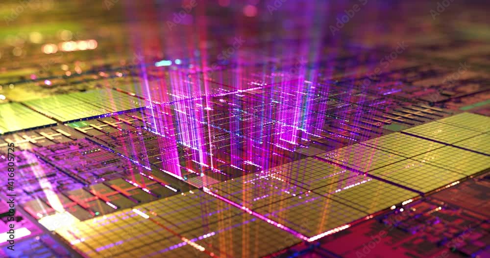 Poster abstract neon light rays loop of digital technology micro processor. futuristic technology abstract 