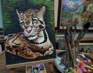 Art painting oil color Smiling cute Tiger Thailand