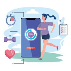female athlete running with smartphone fitness lifestyle icons vector illustration design