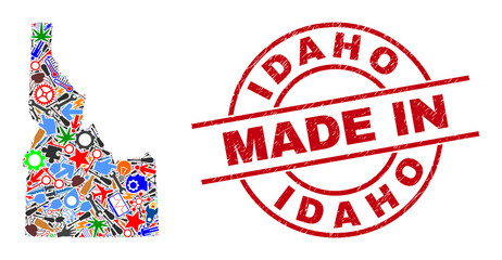 Service Idaho State map mosaic and MADE IN textured stamp seal. Idaho State map mosaic formed with spanners, cogs, tools, air planes, transports, power bolts, details.