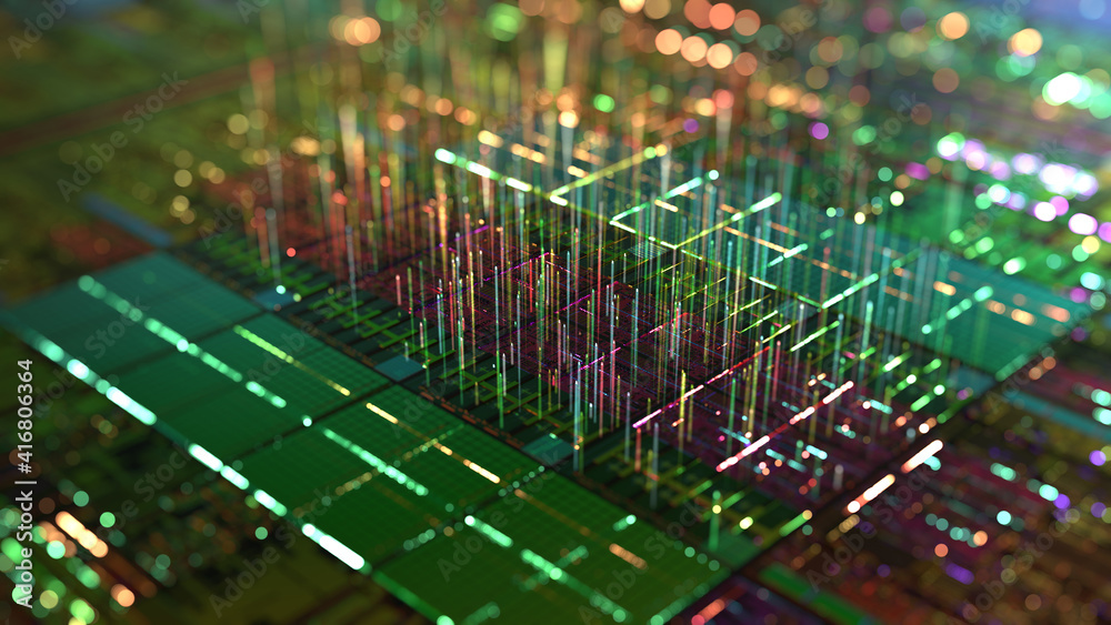 Poster technology background cpu. ai processor power and 3d visualization of data. colorful green and gold 