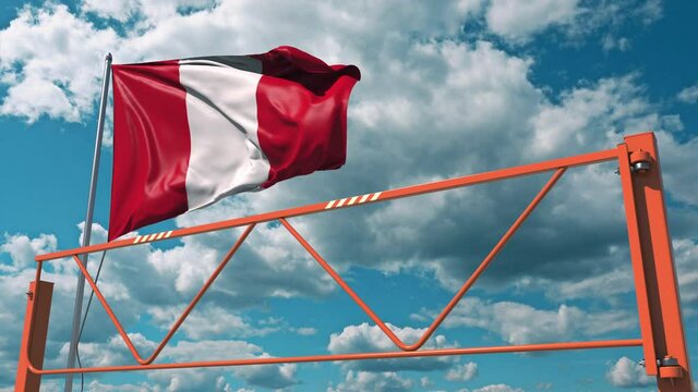 Flag of Peru and swing arm barrier. Entry ban conceptual 3d animation