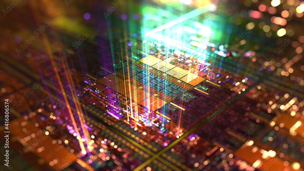 Poster abstract hologram 3d silicon cpu with futuristic matrix. digital circuit components with a particles