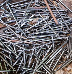 Many metal nails for nailing wood stacked.