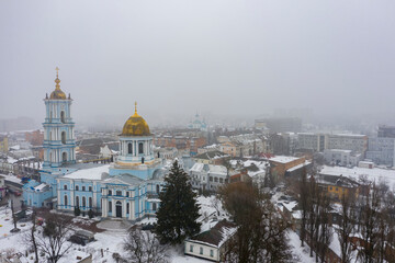 City Sumy in the fog Ukraine at the winter aerial view